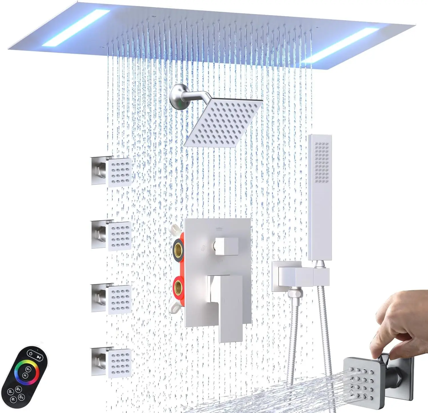 

Luxury 14x20 Inch LED Spa Shower Jets System Ceiling Mount 6 Inch Shower Head On-Off Switch 4PCS Body Jets Brushed Shower Faucet