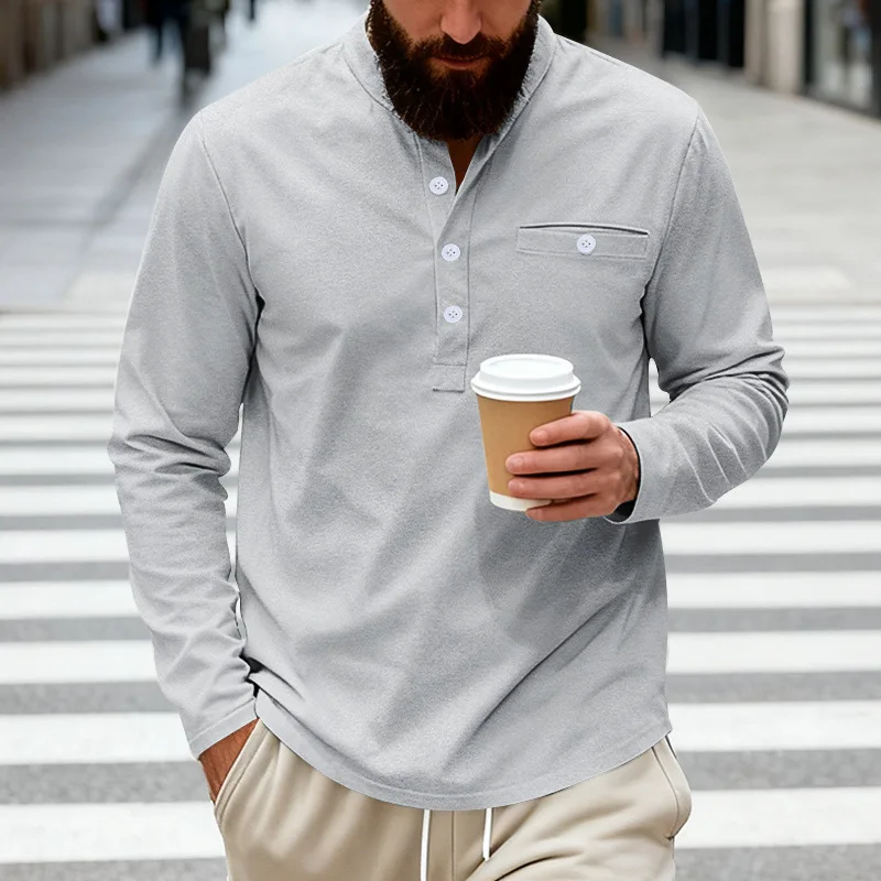 Men's Henley Long Sleeve Shirt Stand Collar Button Pocket Casual Top Multi-Color
