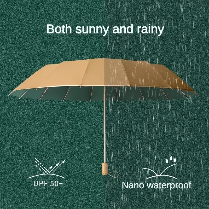 Gold Coating Sunshade Folding Umbrella for Women, Large 16 Bone, WindproofSunscreen, Sun UV Resistance,Sunny and Rainy Umbrellas