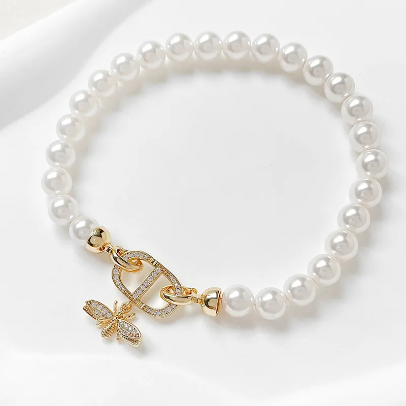 1pc Copper Plated Gold Inlaid Zircon Japanese Bee Pendant Pearl Buckle Diy Bracelet Necklace Beaded Jewelry Accessorie Wholesale