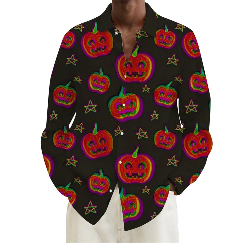 Mens Halloween Pumpkin Shirt All Over Printed Pumpkin Graphic Button Down Lapel Blouses Plus Size Scary Tee Shirts Clothes