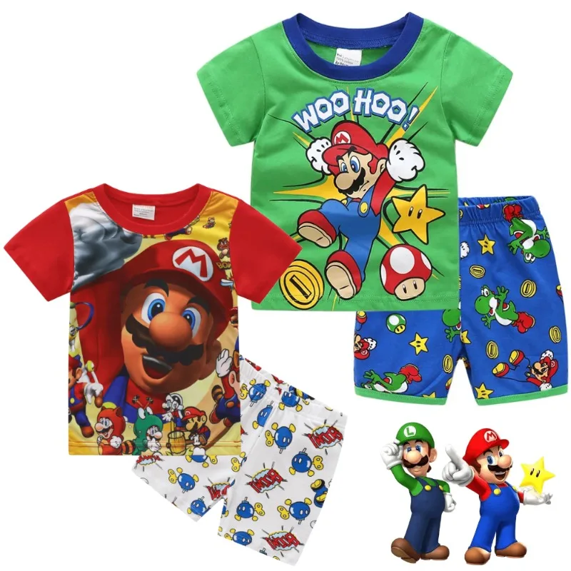 Super Marios Bros Children\'s Clothing Summer Boys Girls Pajamas 2pcs/set Anime Harajuku Printing Cotton Short Sleeve Shorts Suit