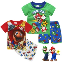 Super Marios Bros Children's Clothing Summer Boys Girls Pajamas 2pcs/set Anime Harajuku Printing Cotton Short Sleeve Shorts Suit