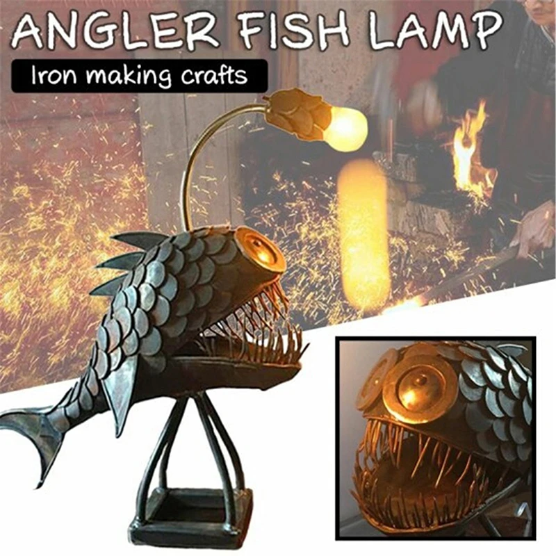 Lámpara de escritorio Vintage con forma de pez pescador, luz nocturna con forma de tiburón, linterna de Arte de Metal USB, adorno para dormitorio, Decoración de mesa del hogar para regalo