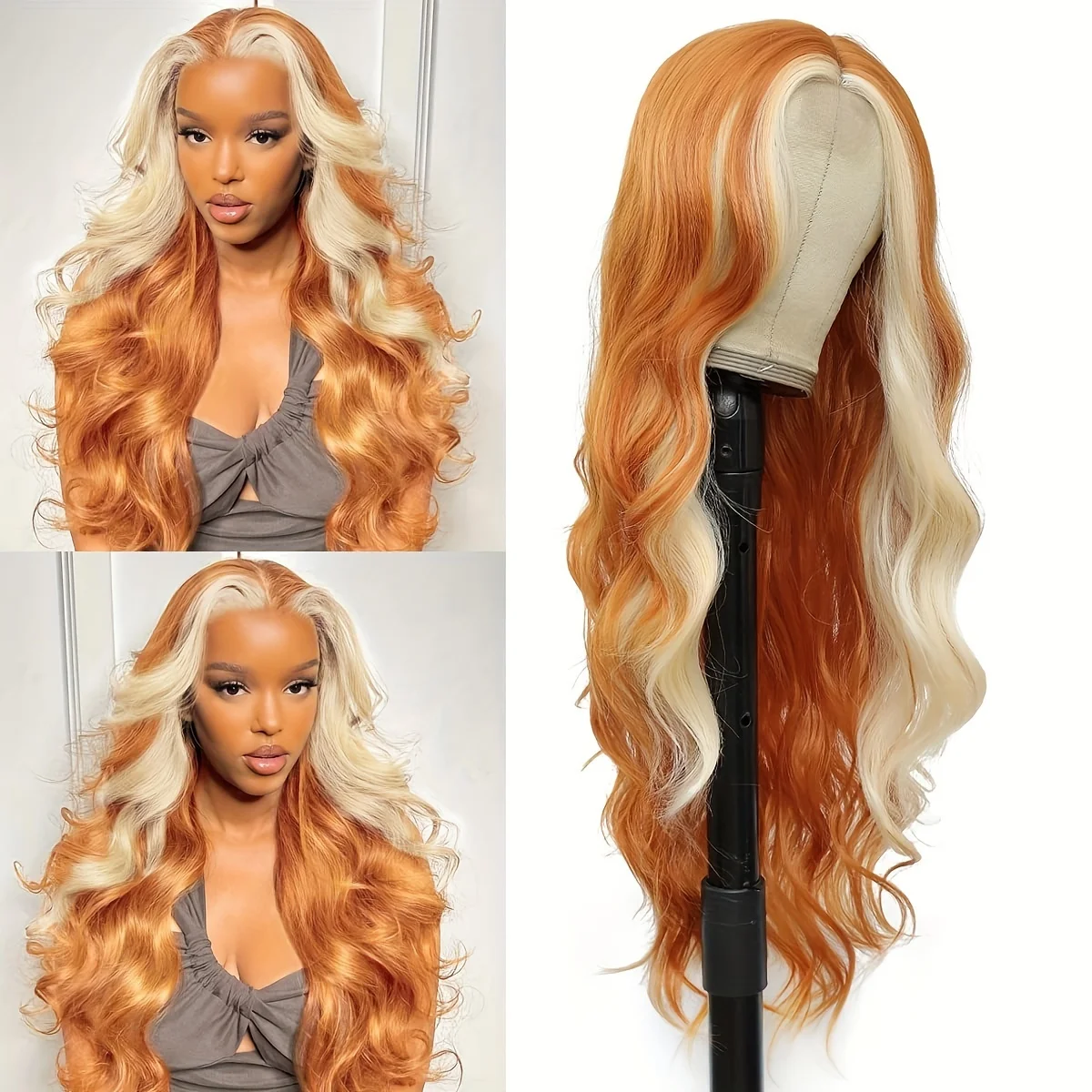 Long Water Wave Synthetic 4*1 Lace Wig, Ginger Orange with Golden Highlights and Skunk Stripe, Suitable for Women's Cosplay, Halloween, and Everyday Party Wear