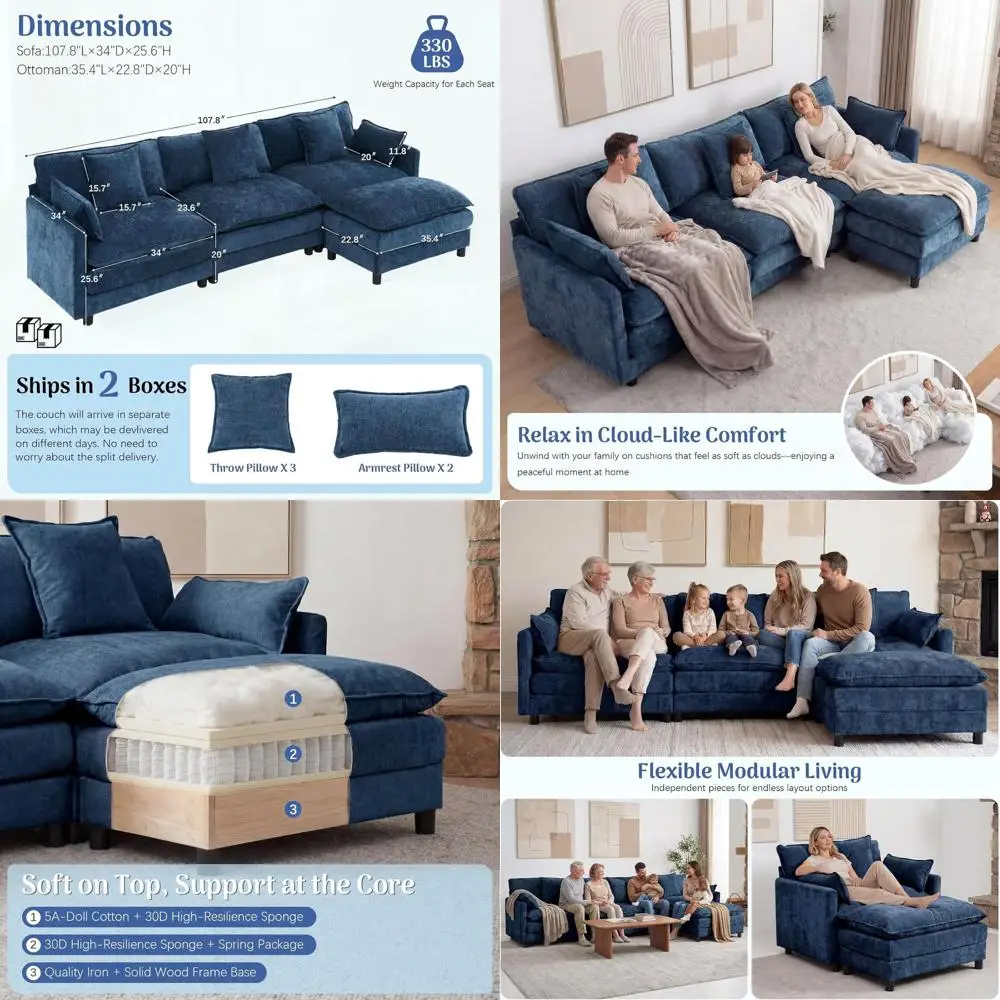 

L-Shaped 3-Seat Sectional Sofa with Ottoman, Chenille Upholstered, Spring-Embedded Cushions, Removable Covers, Blue