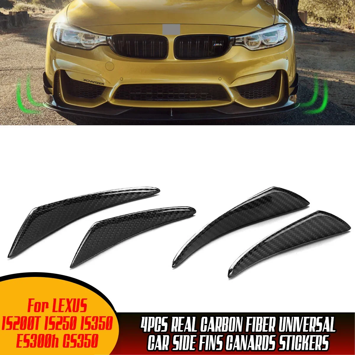 4pcs Real Carbon Fiber Car Side Fins Canards Stickers Universal For LEXUS IS200T IS250 IS350 ES300h GS350 Side Shark Fin Bumper