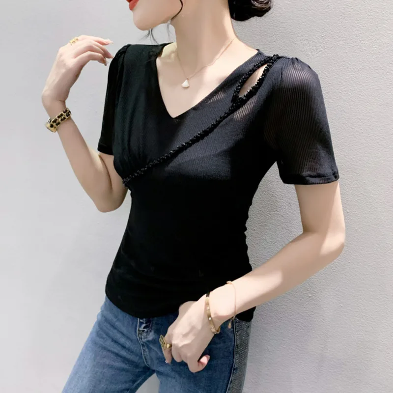 

#5685 Black Mesh T Shirt Women Thin V-neck Hollow Out Sexy Diamonds Elastic Asymmetrical Office Women's Tee Shirt Summer 2023