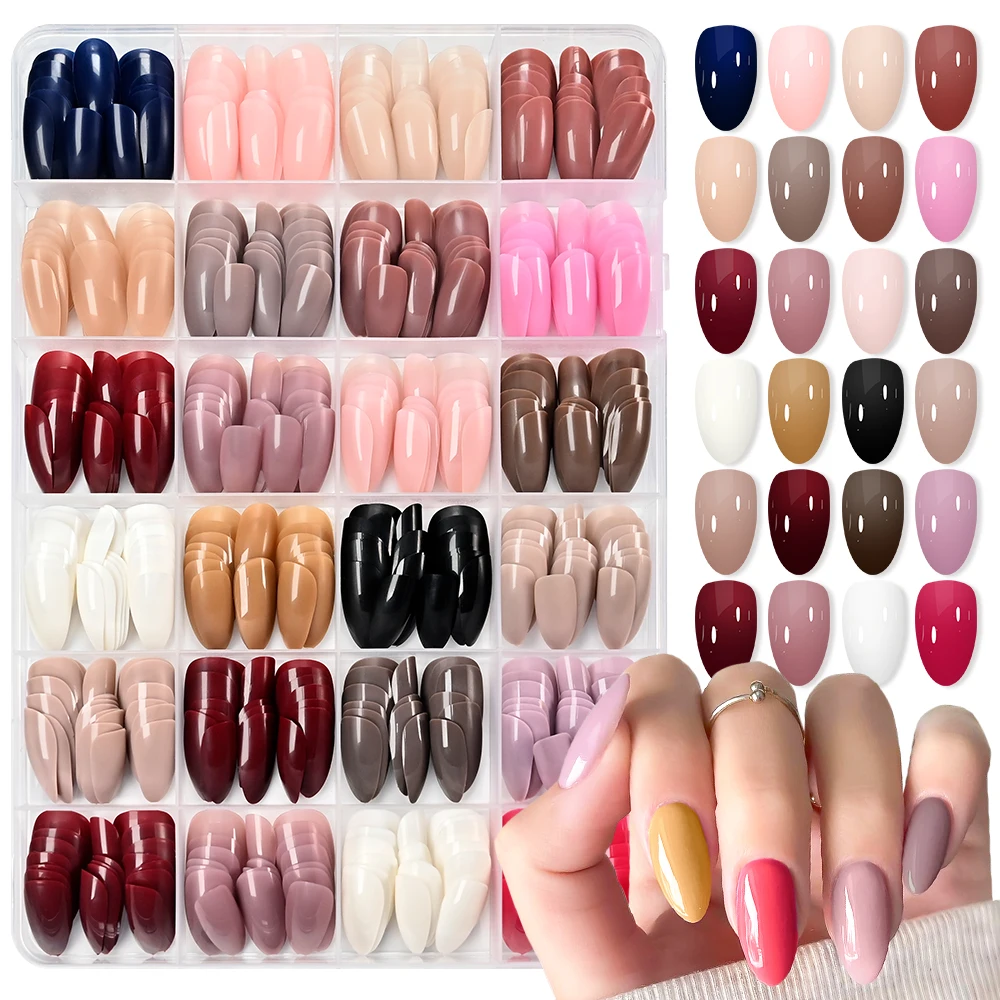 576pcs Colorful Almond Press On False Nails Kit 24colors Glitter Solid Color Fake Nails Large Capacity Full Cover Fasle Nail Tip