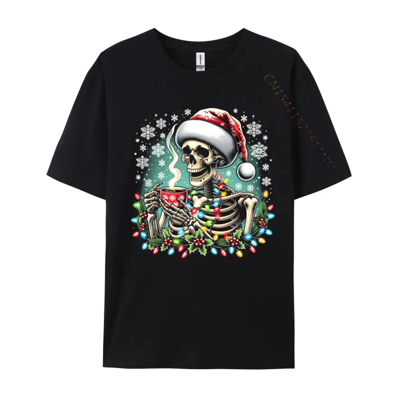 Vintage Christmas Skeleton Coffee Lover Tee Festive Skull T-Shirts Gift Tshirt Men Cute Picture Tee Shirts For Student