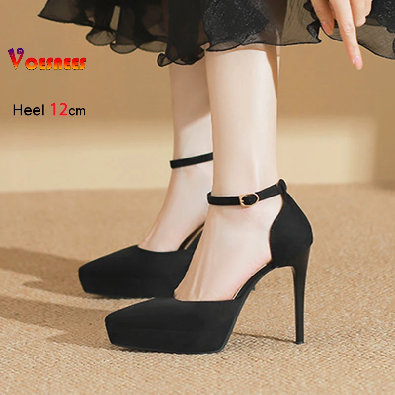 

Замшевые сандалии для женщин, вечерние женские туфли на тонком высоком каблуке 12 см, летние модные женские сандалии с острым носком на толстой платформе с ремешком на щиколотке