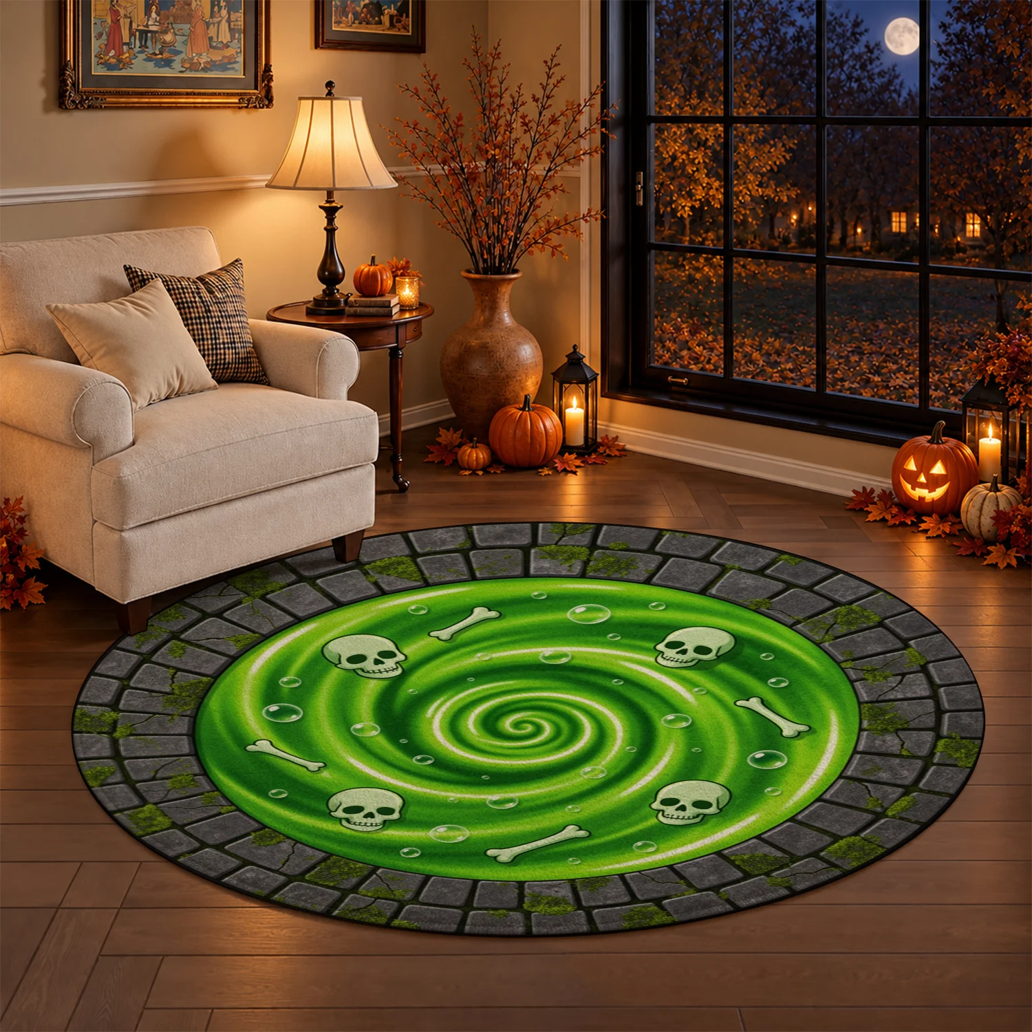 Green Spiral Skull Bone Pattern Round Velvet Rug, Machine Washable Soft Floor Mat, Stays Firmly In Place, Suitable for Living Room, Bedroom, Entryway, Porch, Halloween Thanksgiving Christmas New Year Holiday Decor