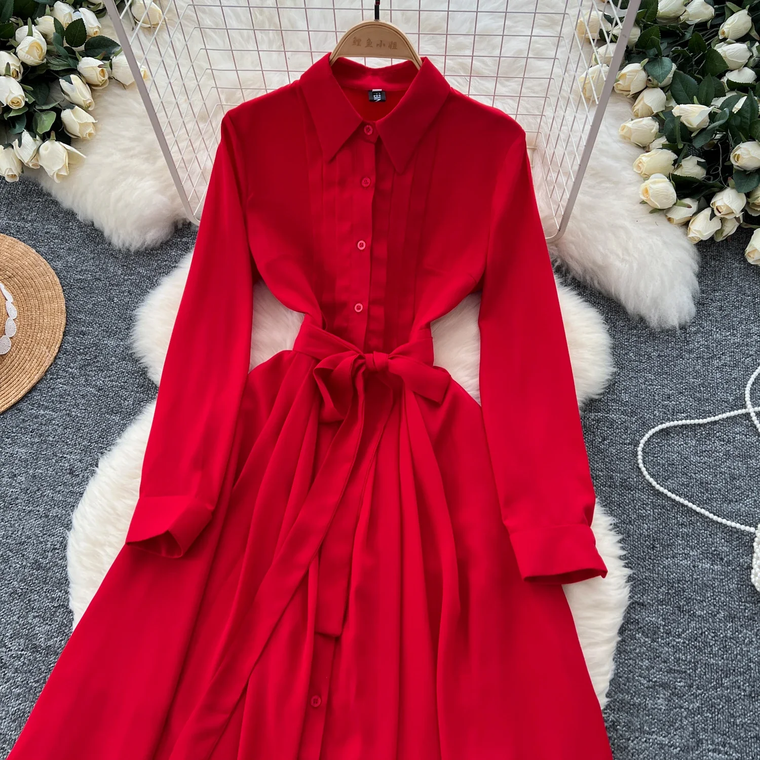 French Vintage Elegant  Long Sleeve Single Breasted Lapel Dress A-line Casual Women Fashion Autumn Spring Vestidos