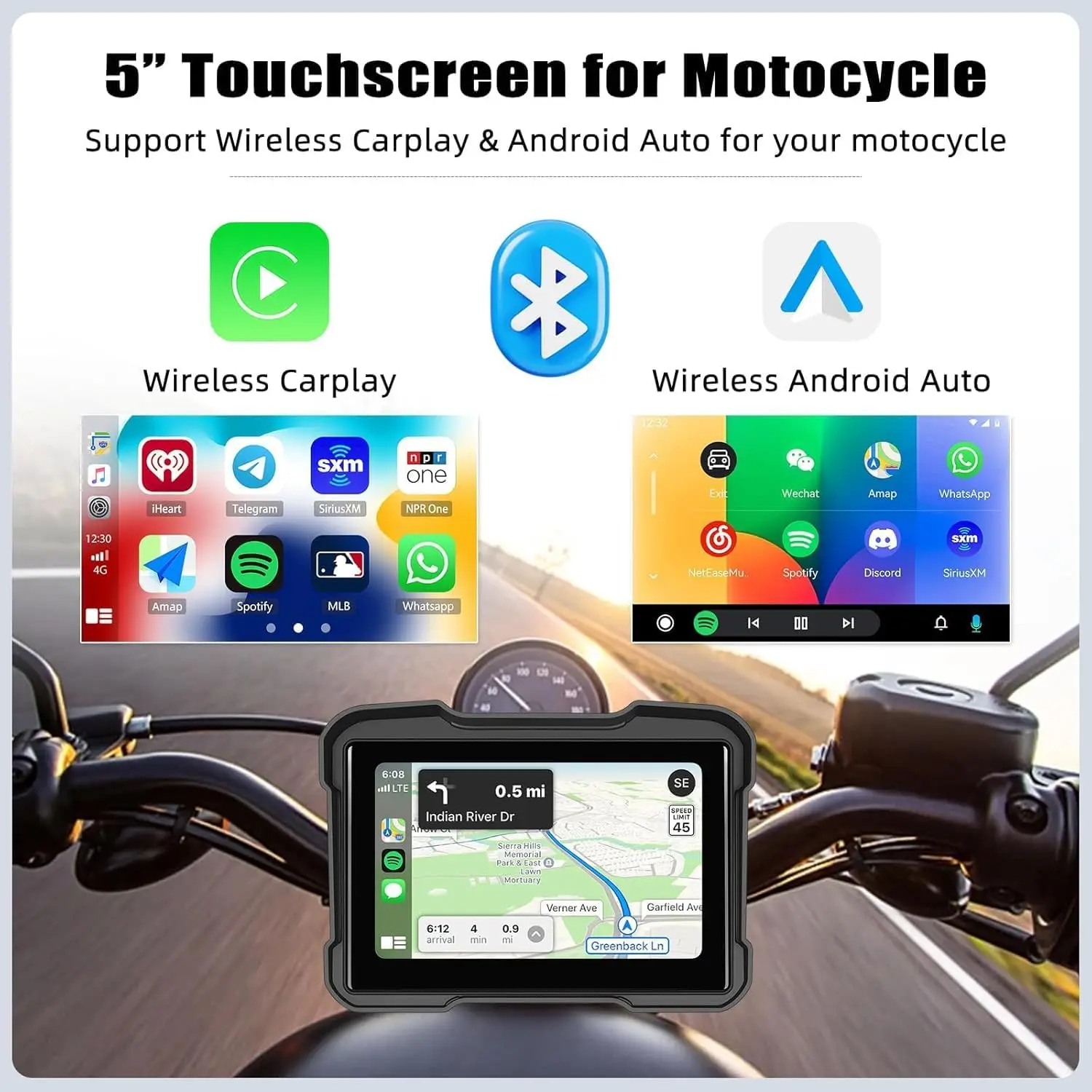 Srnubi 5 인치 무선 CarPlay 모토 안드로이드 자동 휴대용 디지털 오토바이 대시 보드 GPS 네비게이션 디스플레이 화면 TPMS 모니터