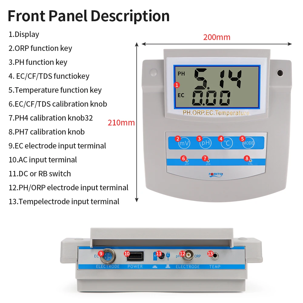 6 In 1 Water Quality Tester PH ORP TDS EC CF Temperature Benchtop PH Meter For Laboratory Drinking Water Aquarium Swimming Pool