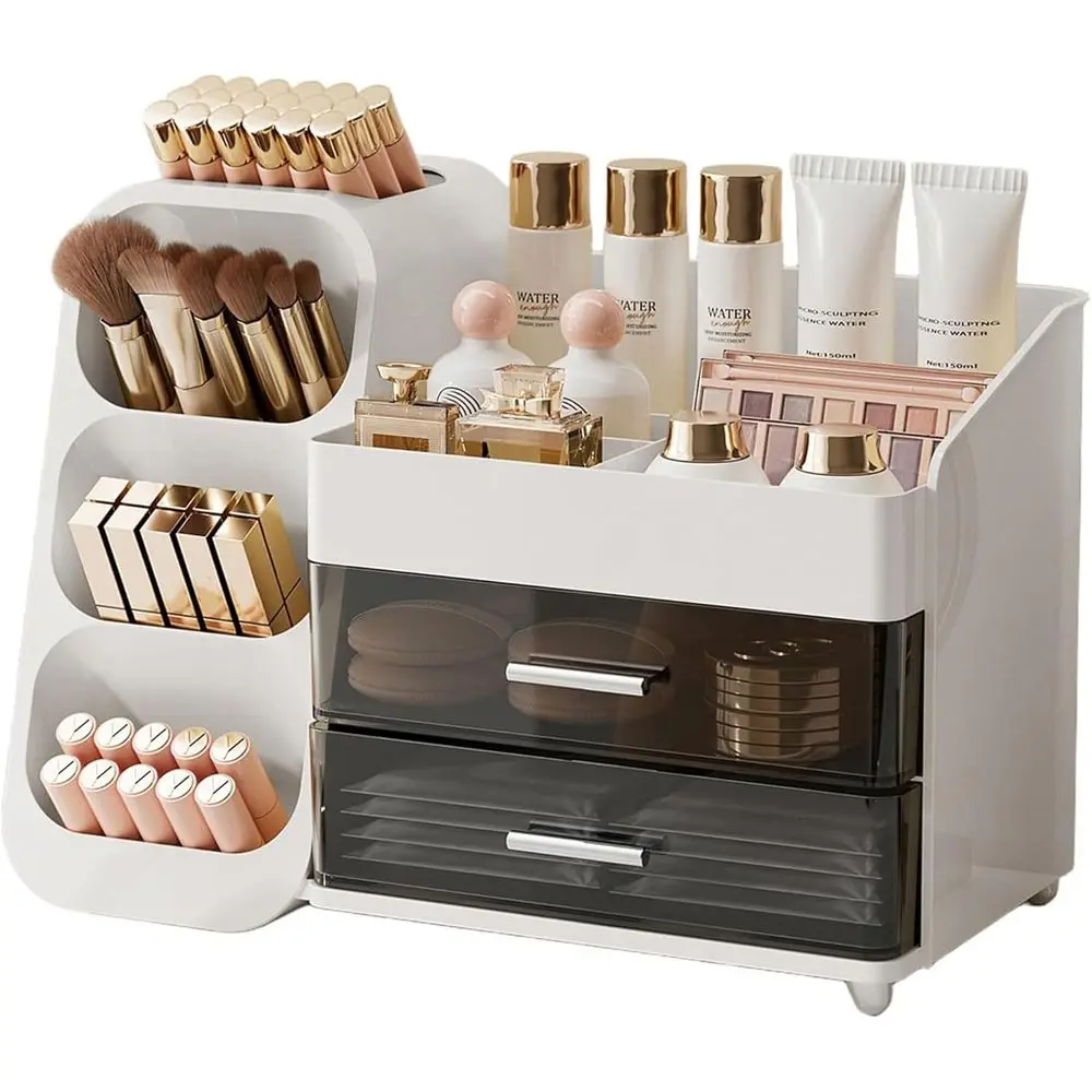 Makeup Organizer Countertop Vanity Bathroom | Large Capacity, Thickened Plastic, 2 Clear Drawers, Compact Size, Detachable Brush