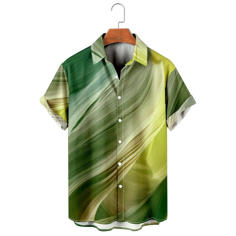 Summer Gradient Line Print Camisa Men\'s Summer Hawaii Beach Shirts Holiday Party 2024 Oversized Lapel Street Social Apparel 4XL