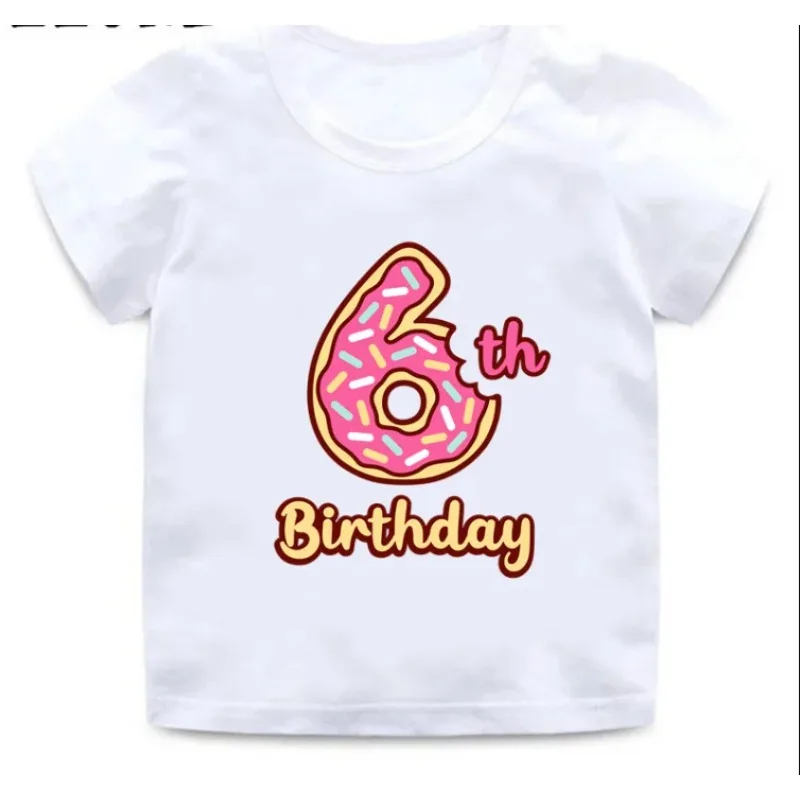 Summer Donuts Print Girls Clothes 1 -9 Years Happy Birthday Number Bow Kids Short Sleeve T Shirt Tops Kids Clothes