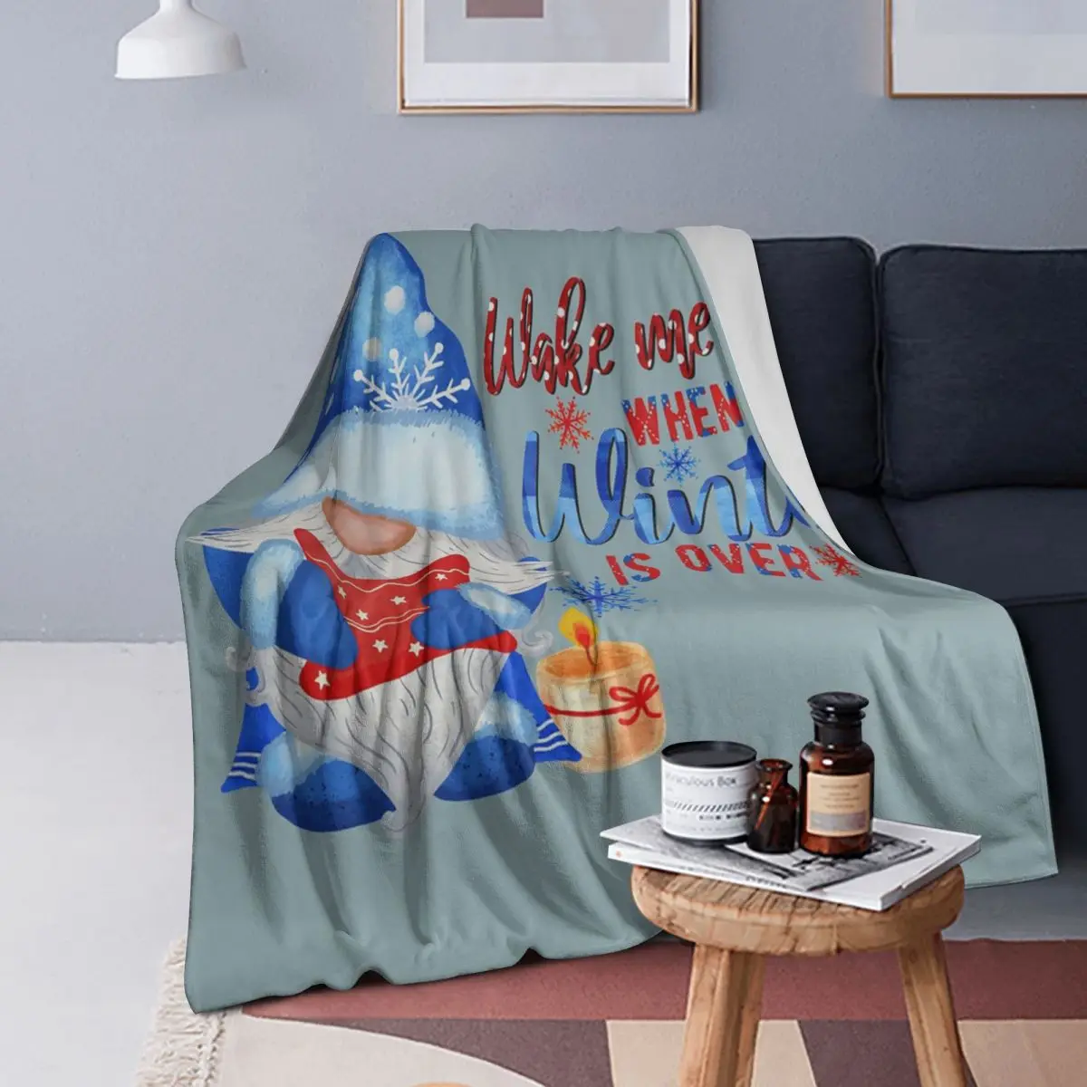 

Blue Winter Gnome With Candle Blanket Soft Warm Flannel Throw Blanket Bedspread for Bed Living room Picnic Travel Home Couch