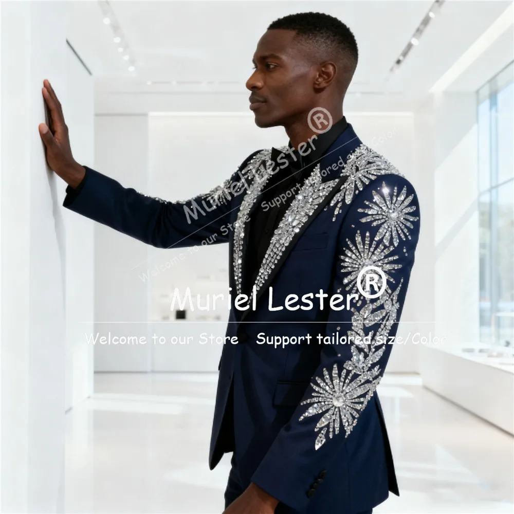 

Sparkling Stones Beaded Suit Attire For Men Slim Fit Single Breasted Prom Blazers Customized 2 Pieces Man Tuxedos Groom Outfits