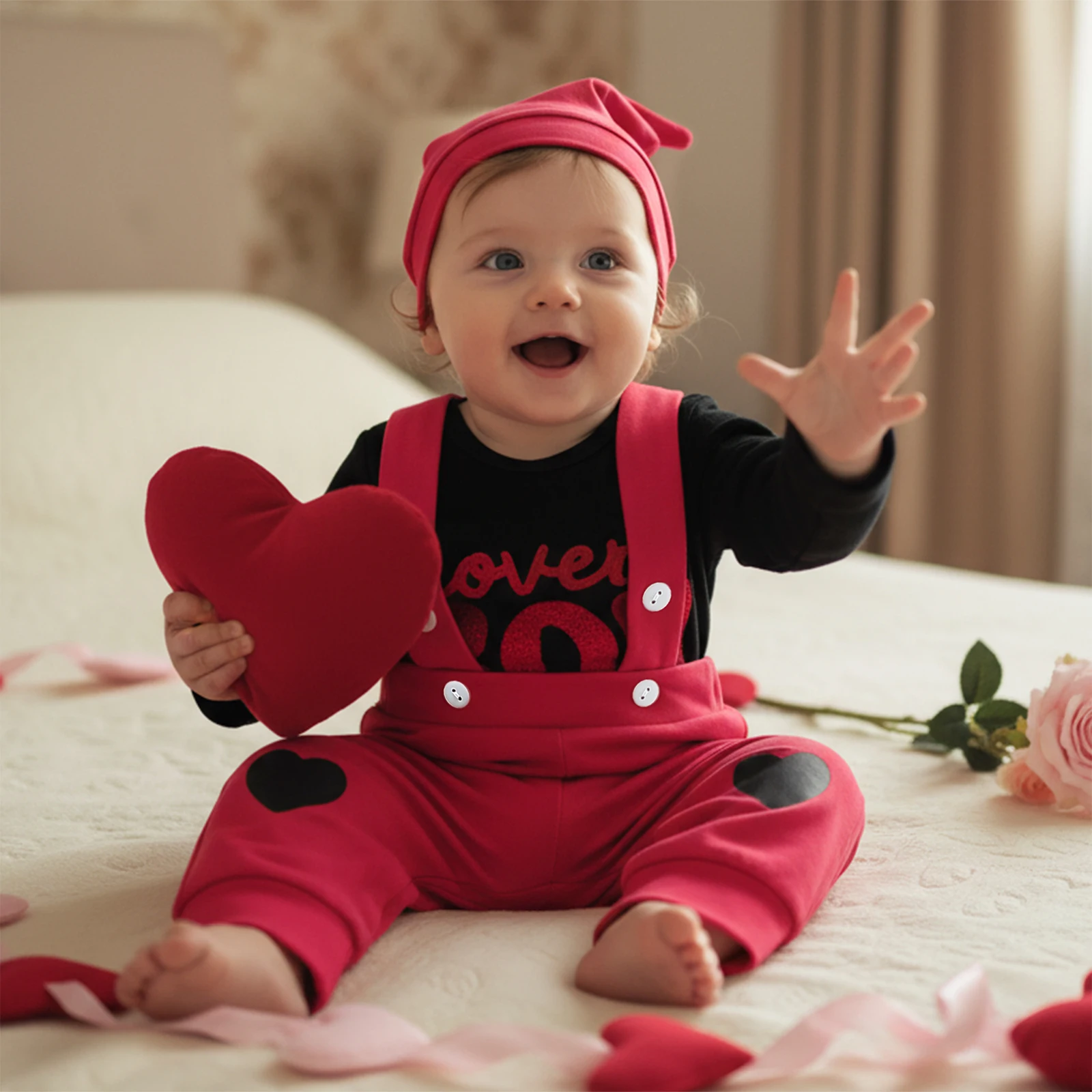 ملابس عيد الميلاد للأطفال الأولاد عيد الحب لطيف خطابات التطريز رومبير مع وزرة قبعة الملابس 3 قطع وتتسابق #3