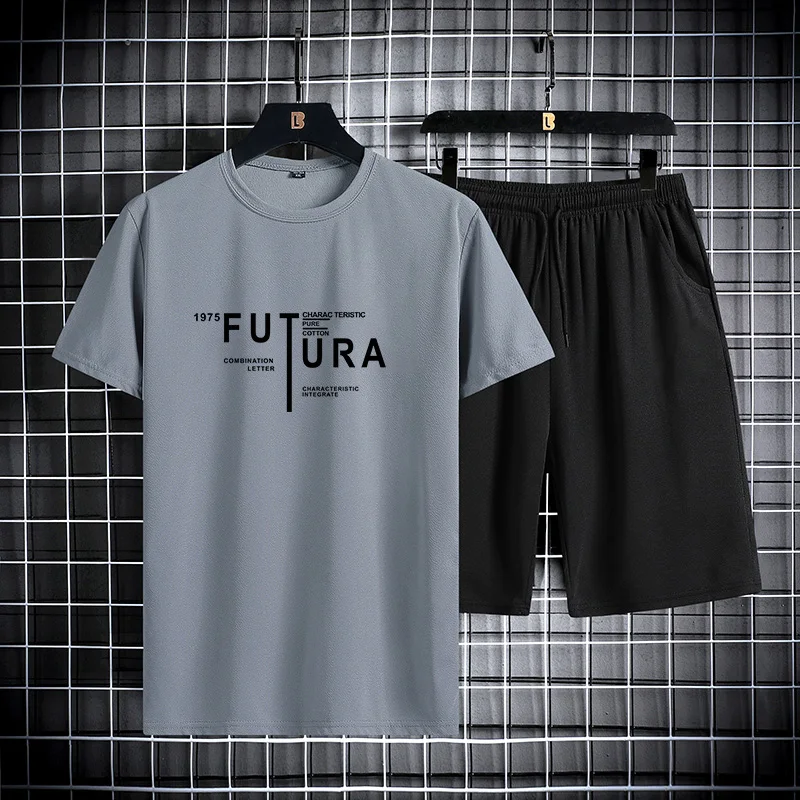 

Men's Summer Casual Print Sports Kit round Neck Short Sleeve T-Shirt Loose Outdoor Running Two-Piece Set One Complete Set