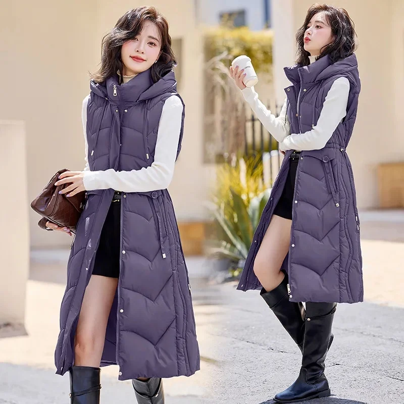 Autumn Winter Women Down Cotton Waistcoat Warm Puffer Sleeveless Jacket New Female hooded Mid-Length slim Vest Female Tops T586