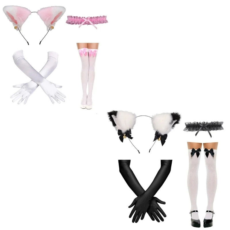 YUYU Catgirl Costume Cats Ear Headband Lace Collar Necklace Gloves Knee High Socks