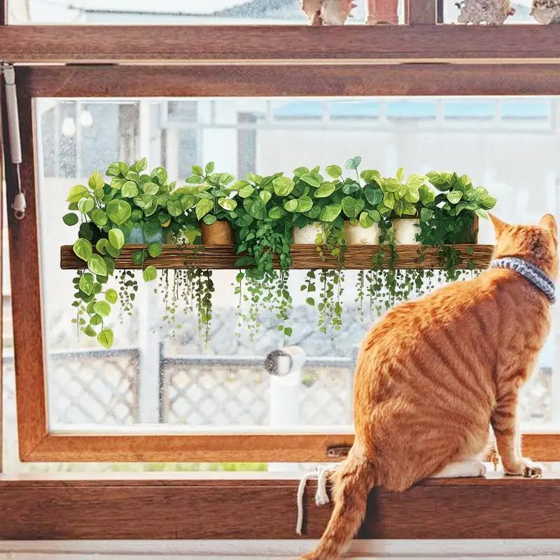 3D Green Hanging Plants Wall Sticker, Wooden Shelf Potted Greenery Mural, Removable Kitchen Living Room Home Decor 1PC