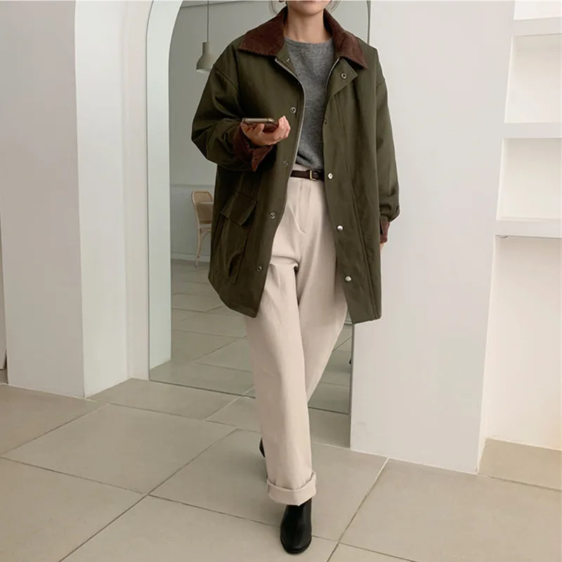 2024 Autumn Winter Jacket Women New Fashion Short Green Jacket Solid Color Casual Coat