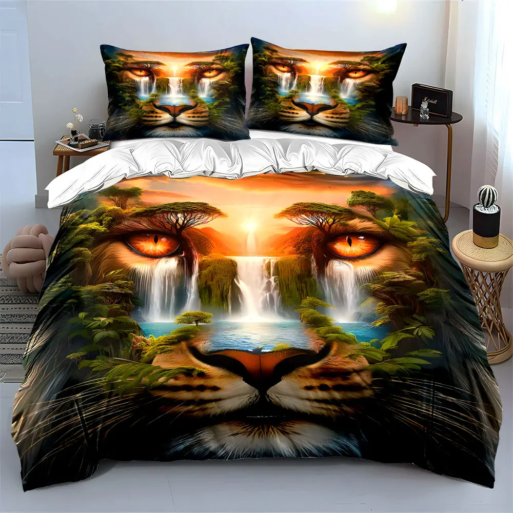 Visual Tiger Eyes in Jungle Waterfalls Duvet Cover Set with 3D Printing Design Soft Polyester Bedding Set All-Season Comfort