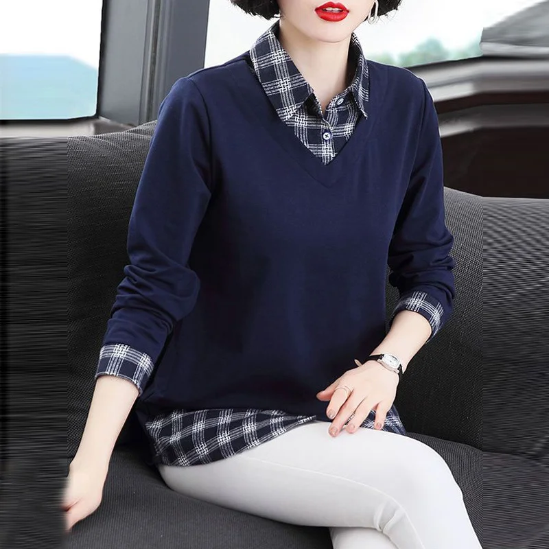 New Korean Plaid Patchwork Pullover Basic Tunic Ladies Tops Autumn Casual Slim Long Sleeve Elegant Cotton T Shirt Women Clothing