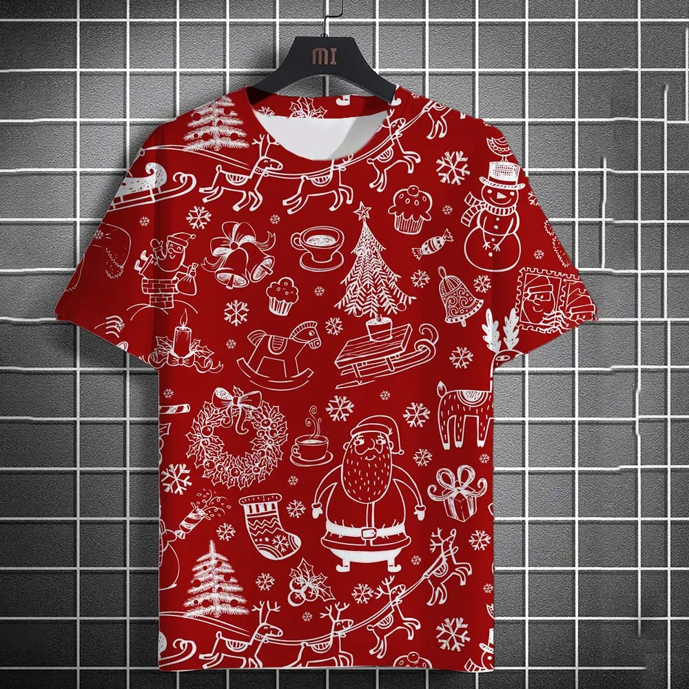 Christmas Men's T-shirt Festival T-Shirt Summer New Santa Claus Reindeer pattern Short Sleeve O-Neck Tops Sports Pullover