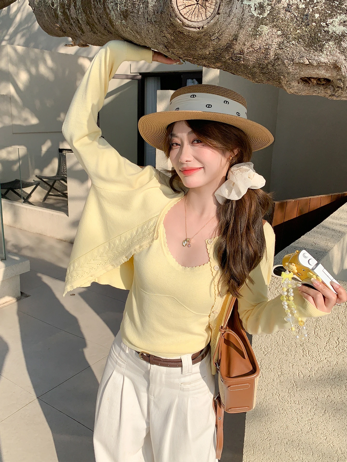 

Желтый вязаный кардиган для женщин, весенняя верхняя одежда в корейском стиле, удобный, мягкий, с длинными рукавами, круглым вырезом, теплый топ