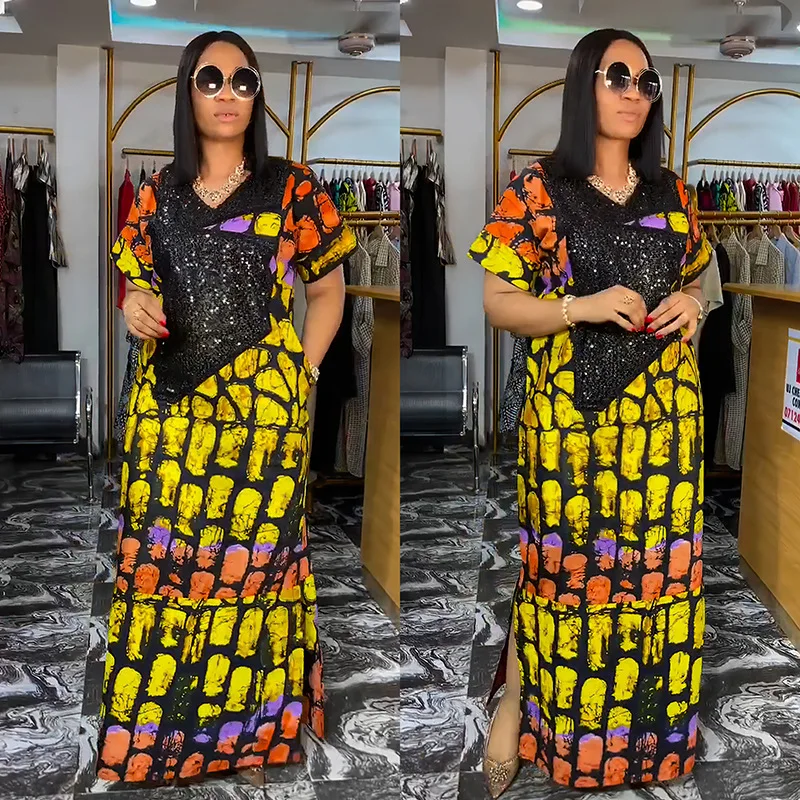 فستان قفطان فضفاض مطبوع بالترتر المخملي في الشرق الأوسط على الطراز الأفريقي العرقي من الساتان الكريستالي