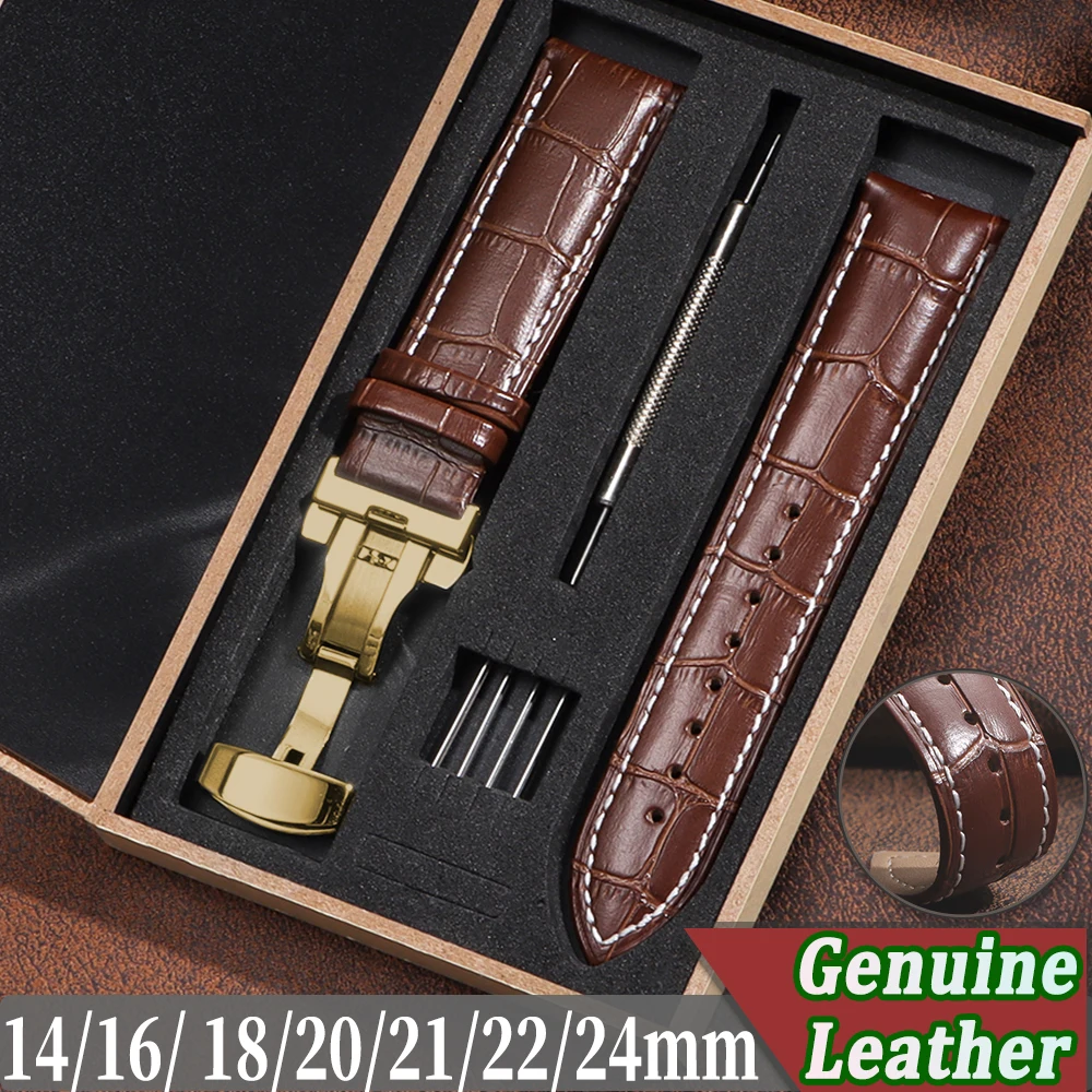 Genuine Cowhide Watch Straps with Box Band 14mm 16mm 18mm 20mm 21mm 22mm 24mm Universal Watch Bracelet Butterfly Clasp WristBelt