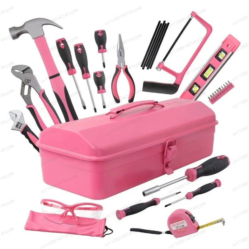 32-Piece Pink Tool Set Home Repair Kit with Metal Box Household Hand Tools for DIY Maintenance