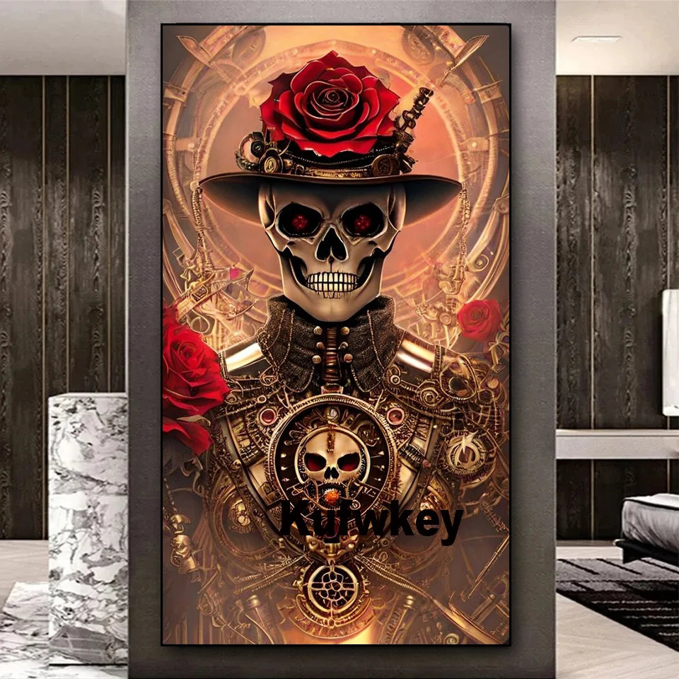 Full Diamond Mosaic Gothic Mechanical Gold Skull Man 5d Diamond Painting New 2024 Rhinestone of Picture Cross Stitch Halloween