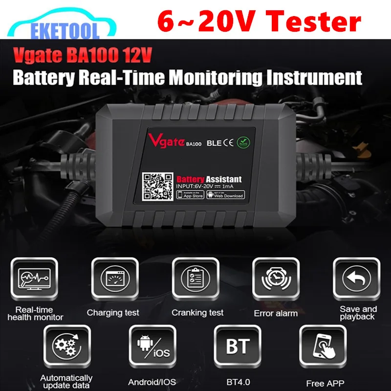 

Vgate BA100 6~20V Battery Tester Works via Bluetooth 4.0 Phone APP Real-Time Monitoring Voltage&Health Battery Assiantant