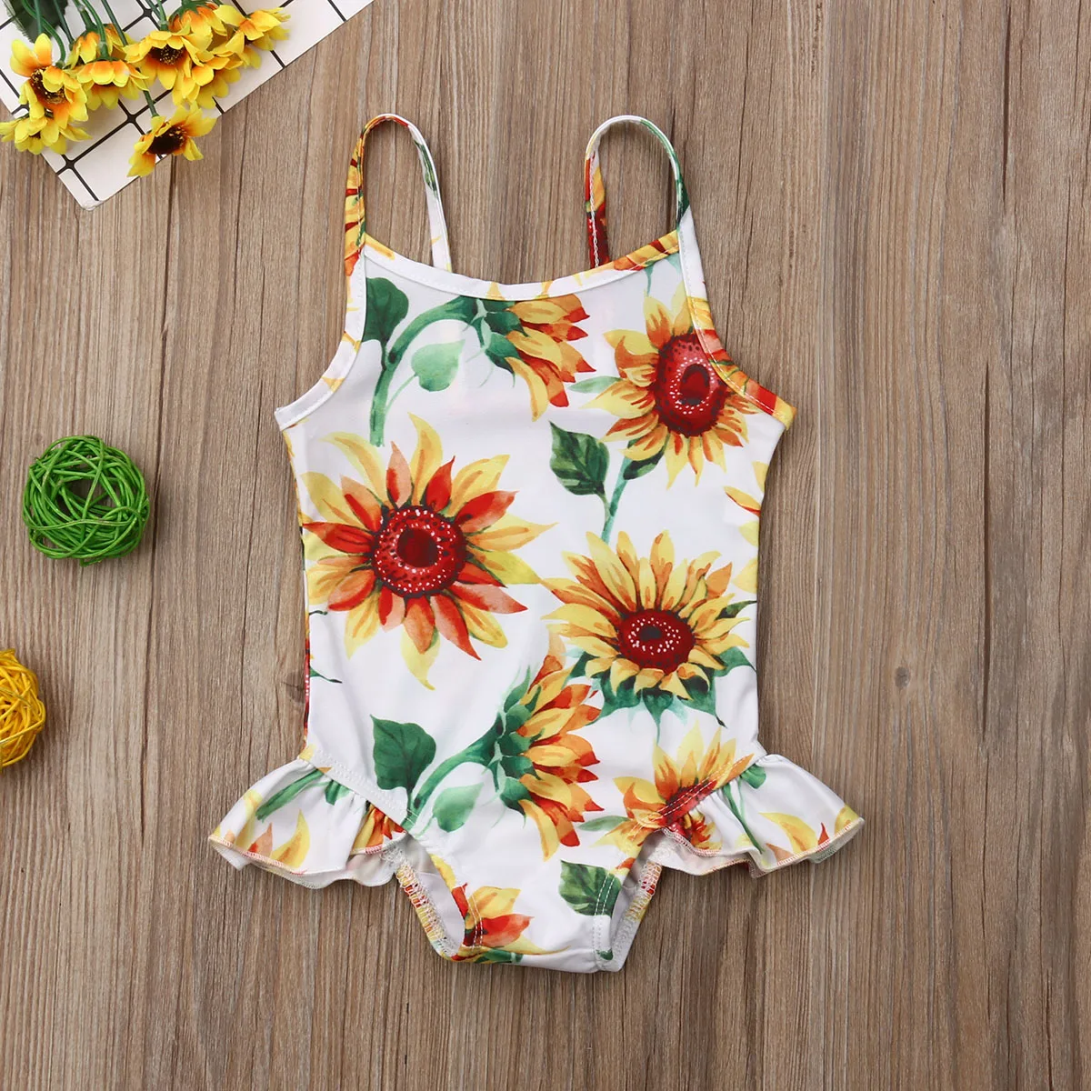 

Infant Baby Girls Summer Swimsuit Sleeveless Sling Sunflower Print Ruffle Romper Beachwear