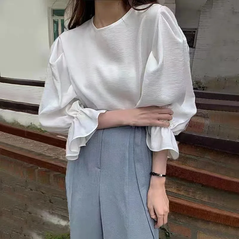 Minimalist Commute Spring Summer New Shirts Women\'s Solid Ruched Round Neck Lantern Sleeve Loose Versatile Pullover Blouses Tops