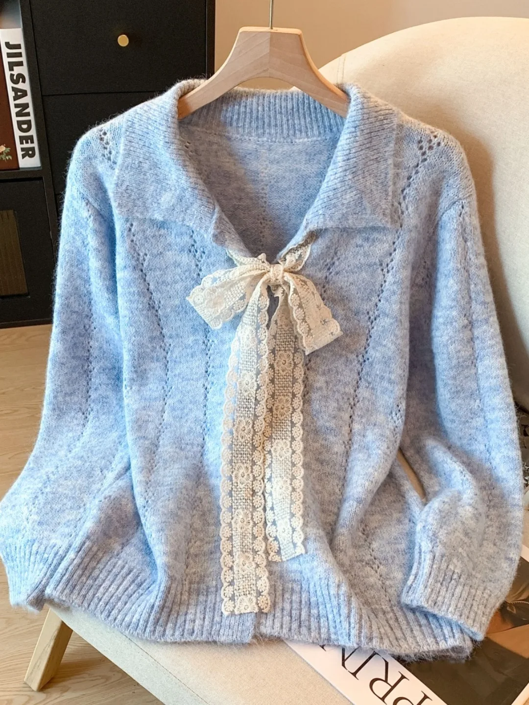 

Lace-Up Collar Knitted Sweater Coat Women's Autumn Winter Anti-Aging Loose Lazy Knitted Open Cardigan Self-Kee Sle