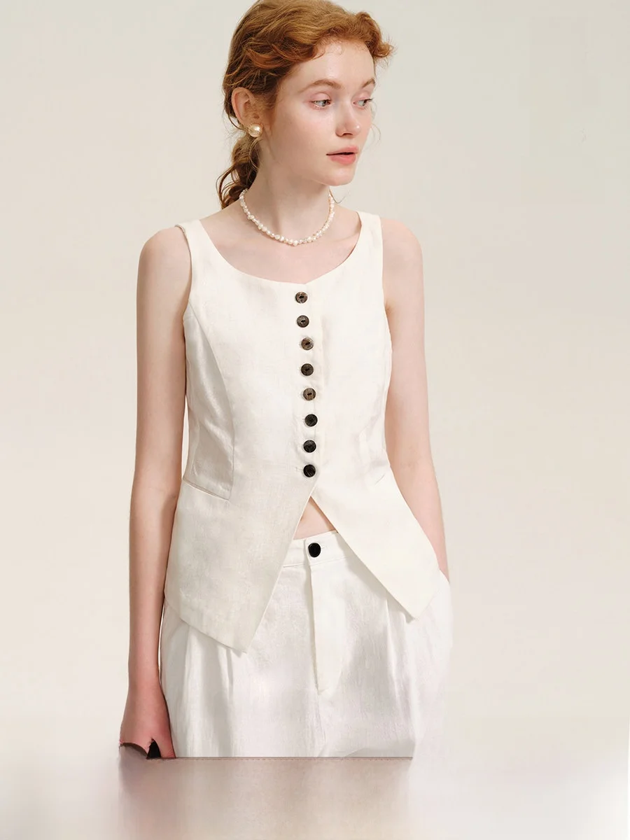 

Элегантный женский летний топ-майка с U-образным вырезом и разрезом, из текстурированного льна, с открытыми плечами, для повседневной носки