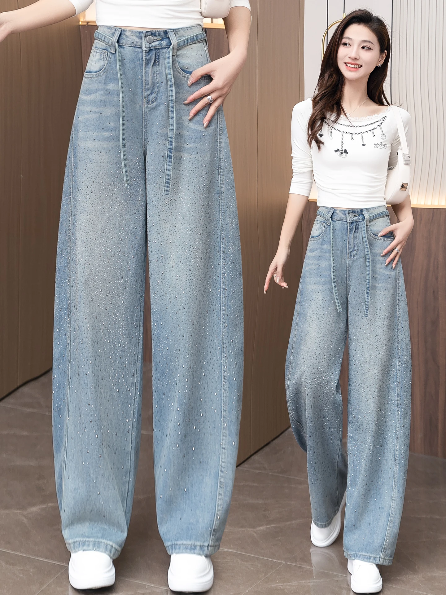 

High Waist Wide Leg Denim Jeans Women's Spring Autumn 2026 New Style Knife Rhinestone Embellished Casual Comfortable
