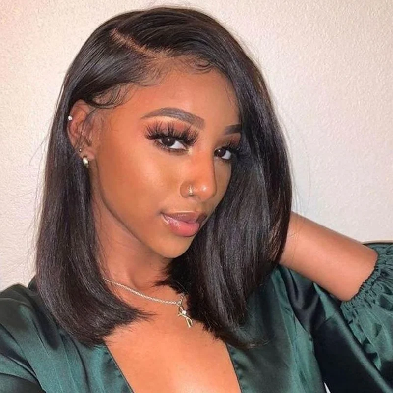 Short Bob Straight 13x4 Lace Front Wig   Brazilian Human Hair Black Wig Soft