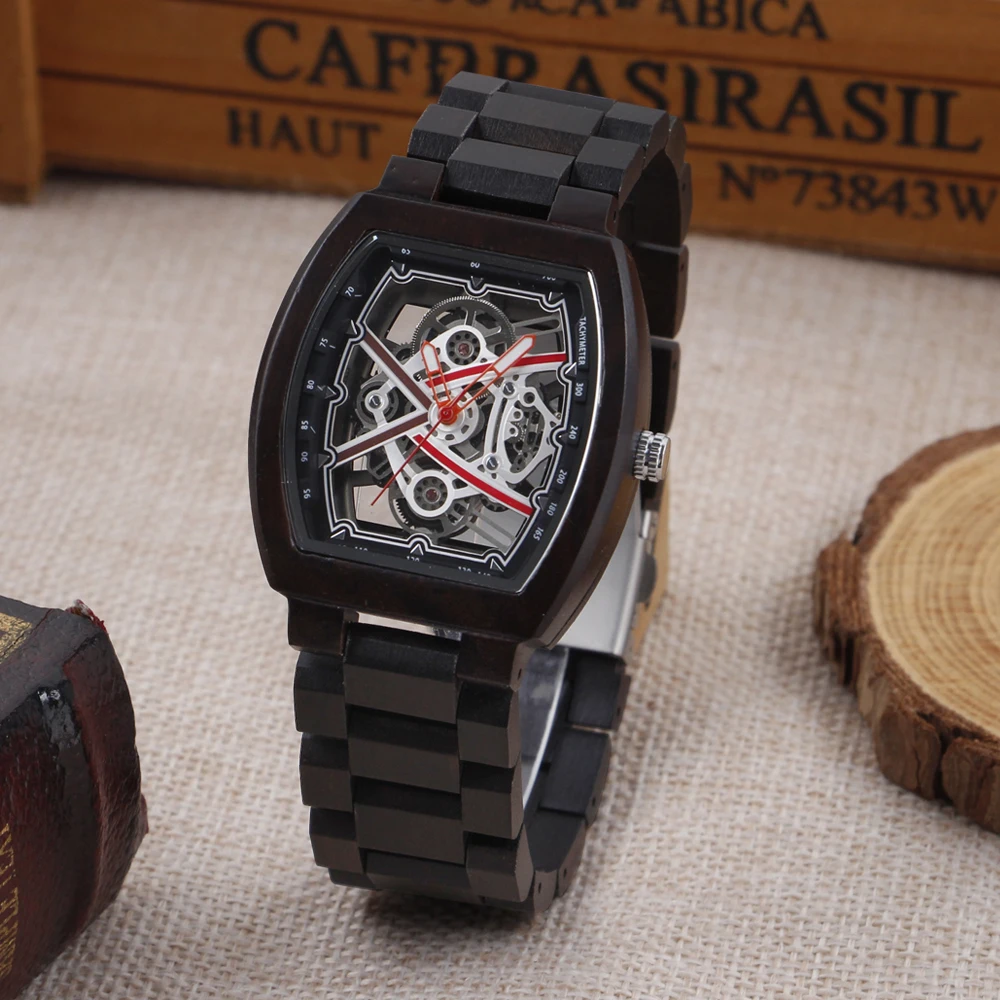 

Черные новые уникальные дизайнерские роскошные деревянные часы, лучший праздничный подарок, мужские часы с полым кварцевым механизмом, классический внешний вид