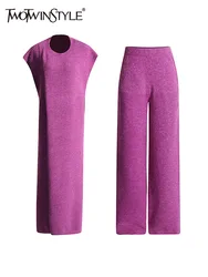 TWOTWINSTYLE Solid Elegant Two Piece Set For Womwn O Neck Sleeveless Long Sweater High Waist Casual Pant Minimalist Sets Female