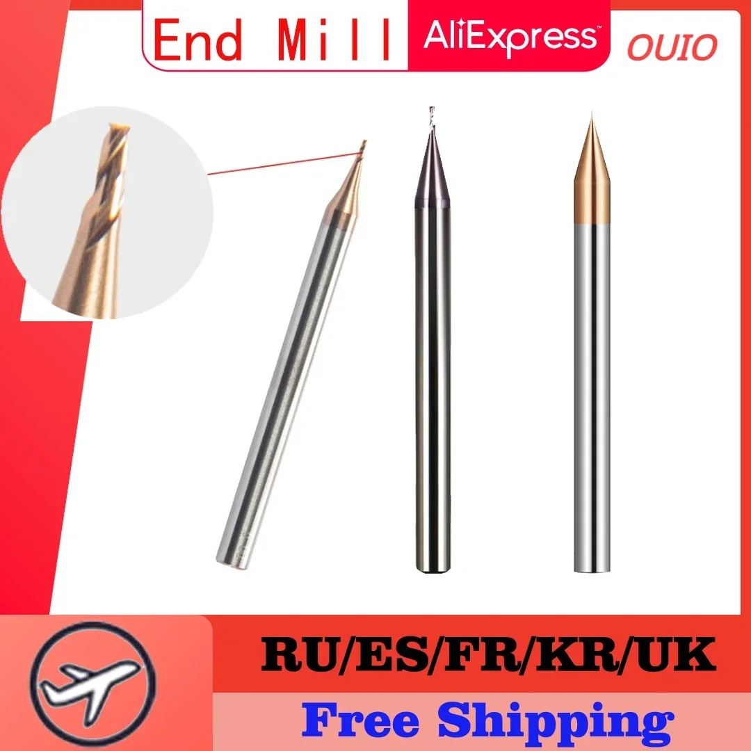 OUIO HRC55 Micro Carbide End Mill 2 Flutes 0.2-0.9mm TiAIN Micro Flat 4mm Shank Milling Cutter Carbide CNC Engraving  Aluminum