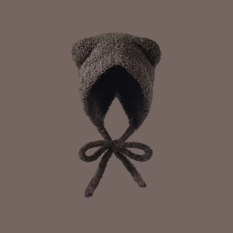 Bear Ear Knitted Wool Hat Warm Lace-up Ear Protection Cap Women's Fashion Cute Plush Cat Ear Knit Hats Valentine's Day Gift 2025