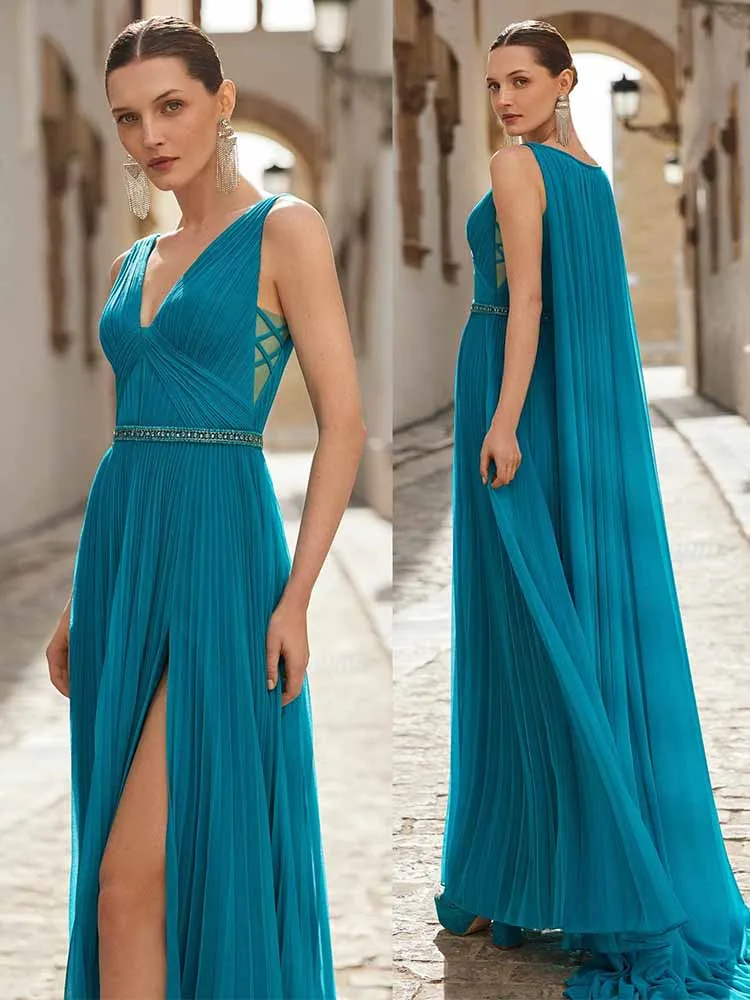 Retro Mother of the Bride Dresses 2025 Chiffon Sheath/Column Formal Evening Dress Blue V-neck Cape Beads Split Prom Dresses Long